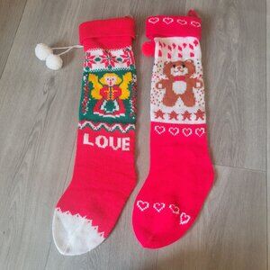 Vintage ROC Christmas Knitted Stockings Set Of 2 Angel & Bear Designs Red/White